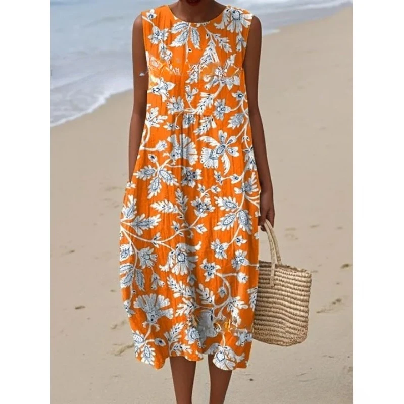 

Summer Beach Woman Printing Sleeveless Dress Fashion Elegant Casual Loose Long Dress