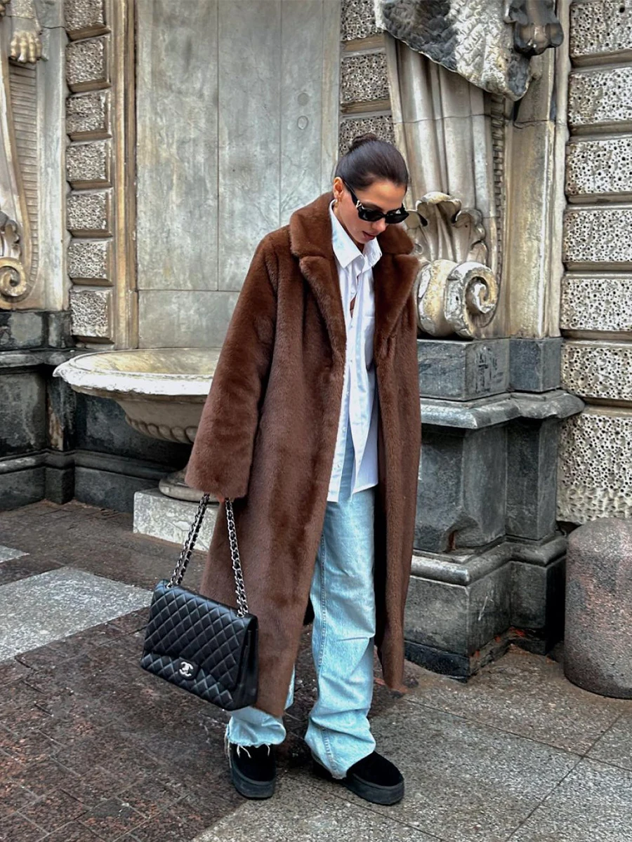 Fashion Trends Long Mink Faux Fur Coat Brown Winter Fuzzy Thick Warm Clothes for Women Iconic Vibe Cozy Outfit Maxi Overcoats