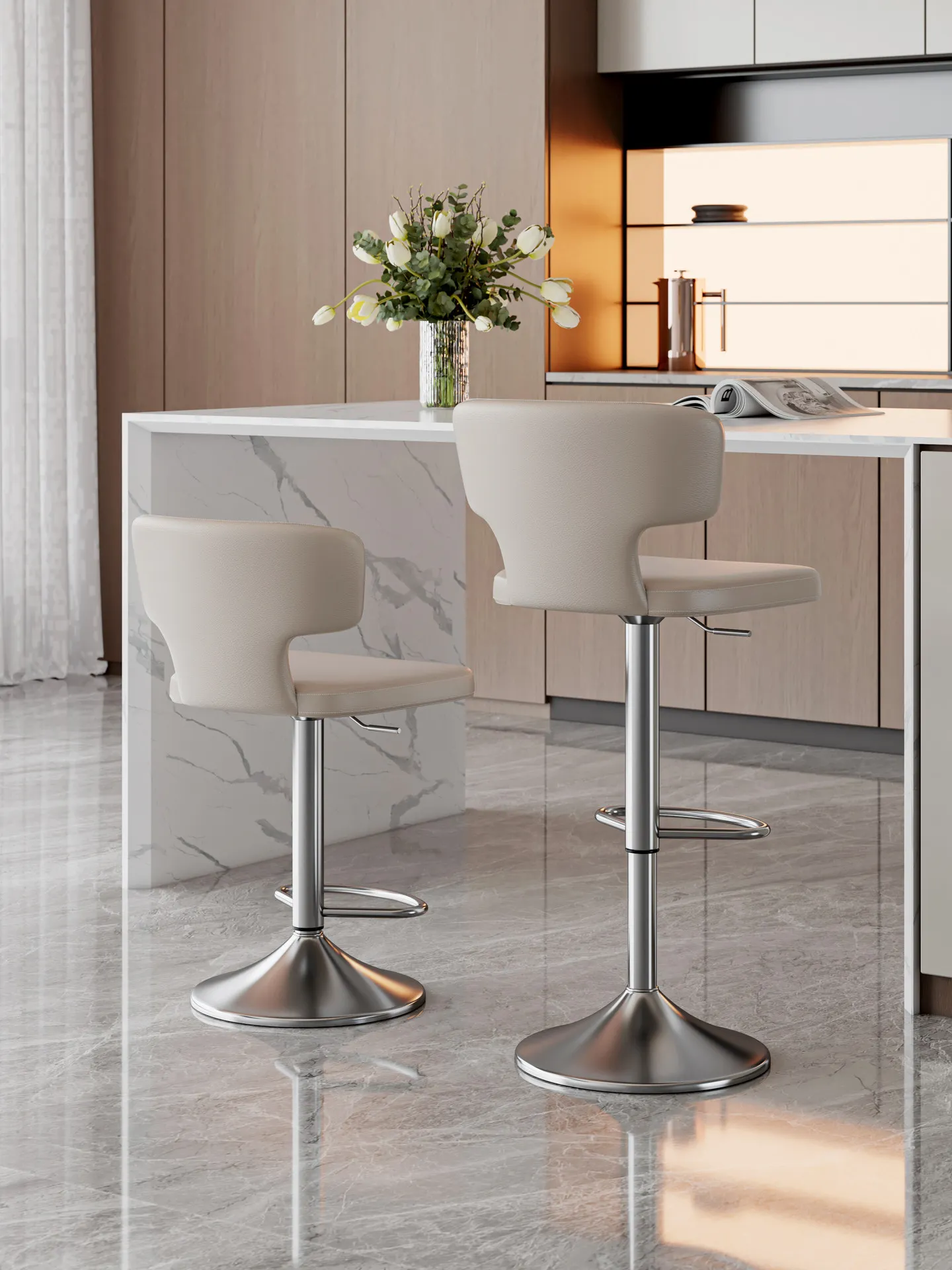 Adjustable Height PU Leather Bar Stool With Backrest, Swivel Counter Bar Chair, Stainless Steel Base Bar Stools For Kitchen Cafe