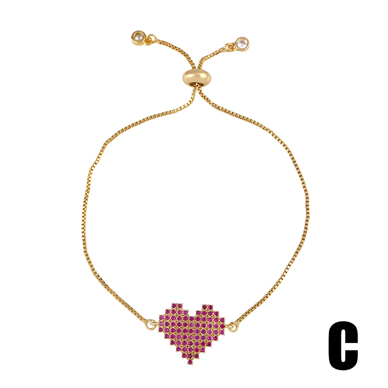 FLOLA Rainbow Heart Tennis Bracelet Woman Zirconia Safety Pin Cherry Charm Bracelet Gold Plated Jewelry regenboog armband brtb67