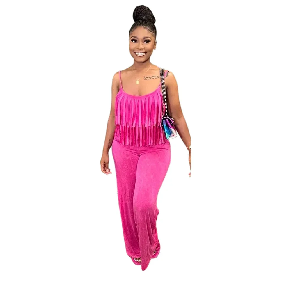 Women's Fashion Casual Halter Solid Color Fringe High Elastic Slimming Wide Leg Pants Comfortable Vacation Jumpsuit