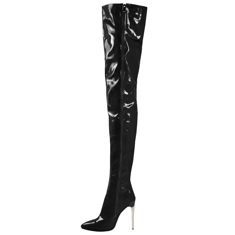 Sexy Pointy Toe Thigh High Boots 12cm Metal Stiletto Heels Women Patent Leather Fitted Party Boots Knee High Boots Plus 46 47 48