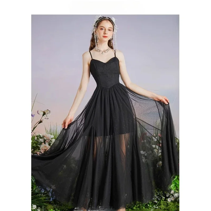 New French mesh suspender dress women's high waist slim fit retro style princess dress