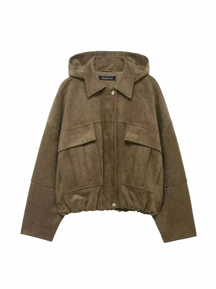 

Женская демисезонная куртка-пилот с капюшоном из замши на молнии, с длинными рукавами, однотонная, повседневная, удобная