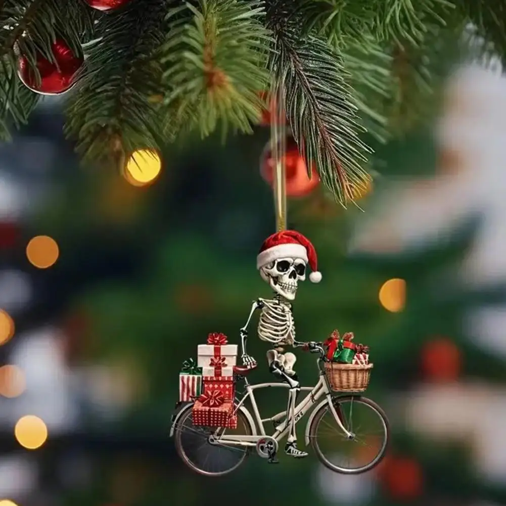 Skull Pendant Decor Festive Christmas Skull Ornament with Santa Hat Skeleton Riding Bicycle Acrylic Pendant Indoor/outdoor Xmas