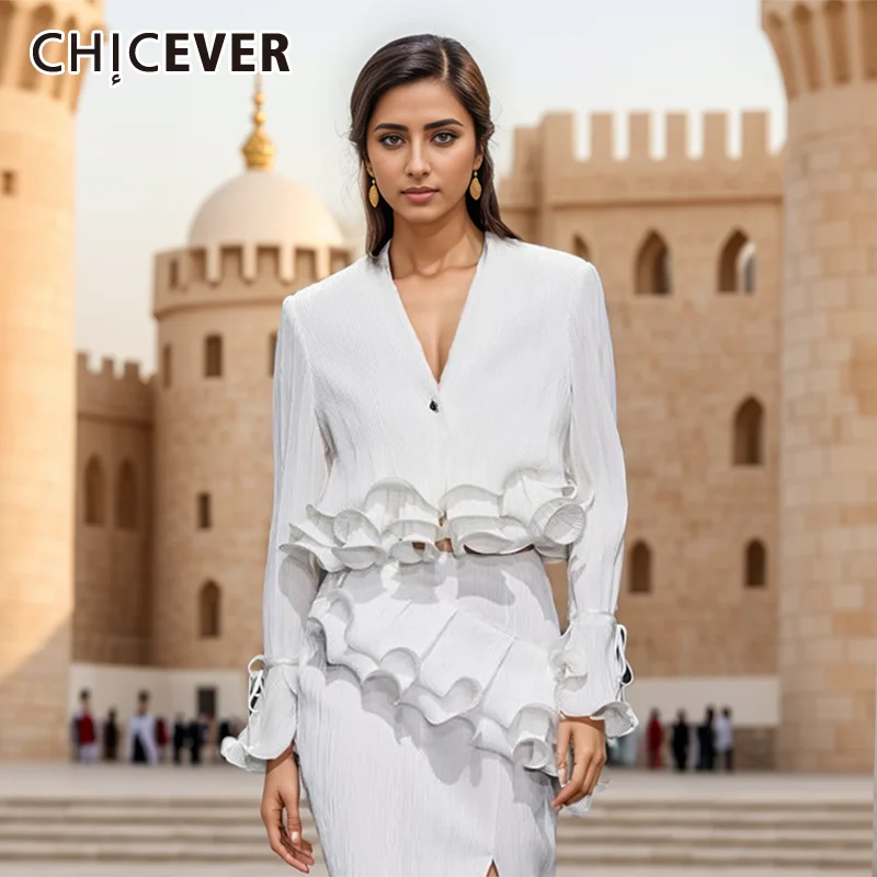 

CHICEVER Fashion Spliced Ruffles Solid Shirts For Women V Neck Flare Sleeve Patchwork Lace Up Slimming Short Blouses Female New