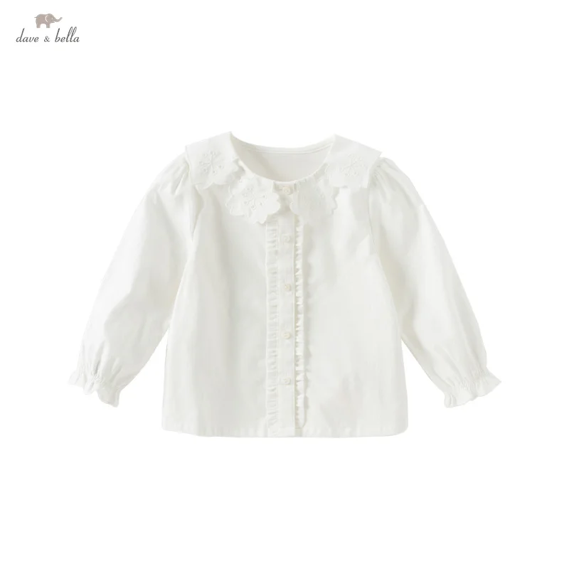 Dave Bella Children's White Shirt 2025 Spring Girls Baby Long Sleeeve Blouse Sweet Cute Girls' Pure Cotton Shirt Tops DB1250275