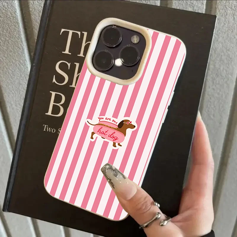 Rosa gestreifter Hot Dog Dackel Lychee-Textur Silikon-Handyhülle für iPhone 11 12 13 14 15 16 17 Pro Max 14 Plus 17 Air Cover