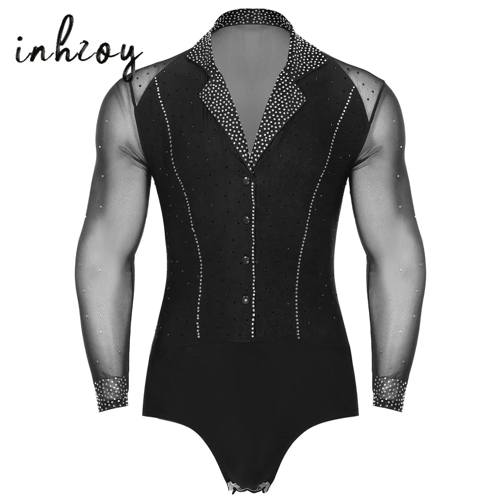 

Mens Rhinestone V Neck Dance Shirts Unitard Ballroom Modern Latin Tango Rumba Chacha Long Sleeve Leotard Bodysuit Dancewear