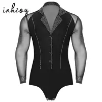 Camisas de baile con cuello en V y diamantes de imitación para hombre, leotardo de manga larga para salón de baile, Tango latino moderno, Rumba, Chacha