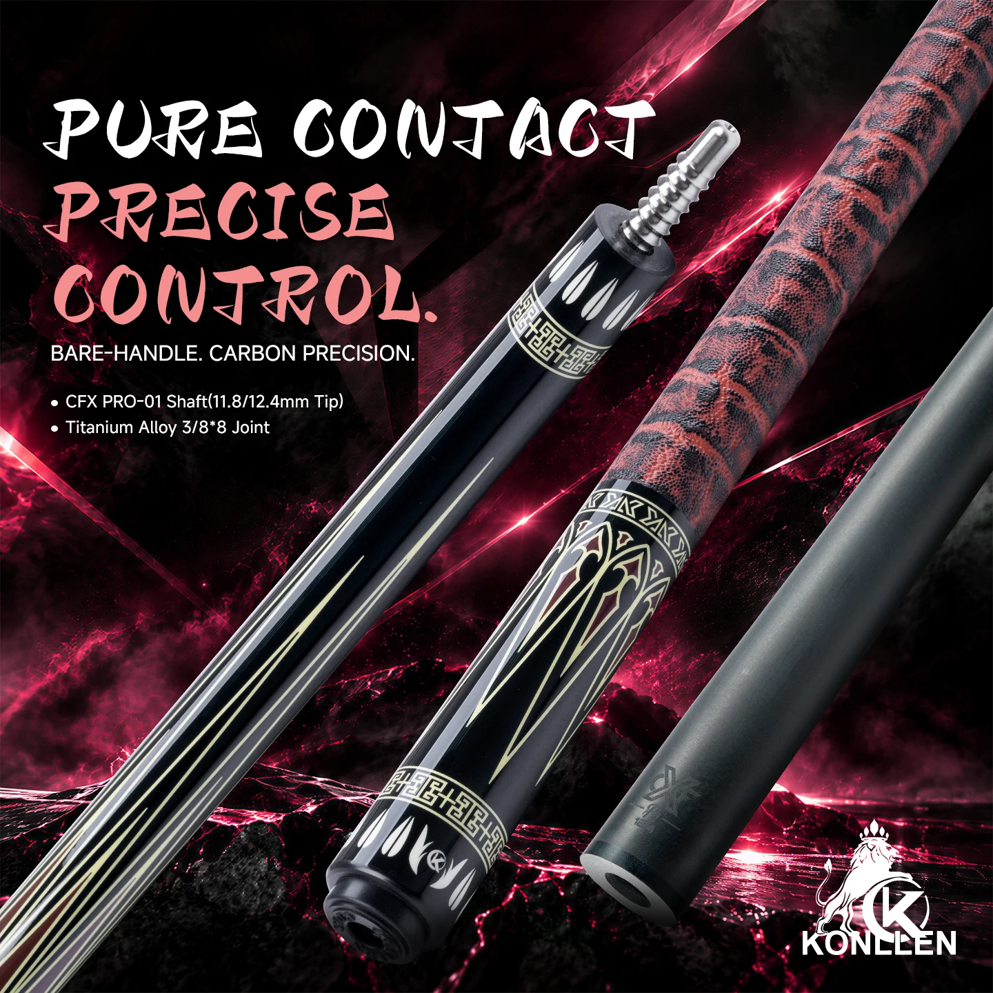 Pool Cue Stick Carbon Fiber CFX Shaft Low Deflection Pro Taper 11.8/12.4mm Tip Titanium 3/8x8 Joint Cowhide Grip KONLLEN
