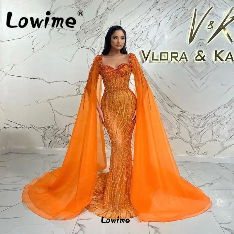 Cape Sleeve Dubai Arabic Pearl Beaded Long Evening Dresses Women Luxury Mermaid Party Gowns Custom 2023 Blue Orange Green Robes