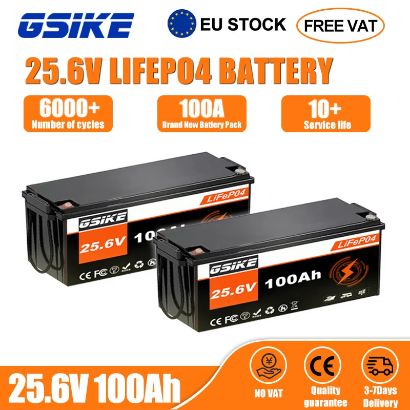 Batteria GSIKE 100AH LiFePO4, pacco batteria al litio solare 24V 2560WH con BMS di grado A, oltre 6000 cicli di ricarica per camper, barche, portatile, disponibile in magazzino UE