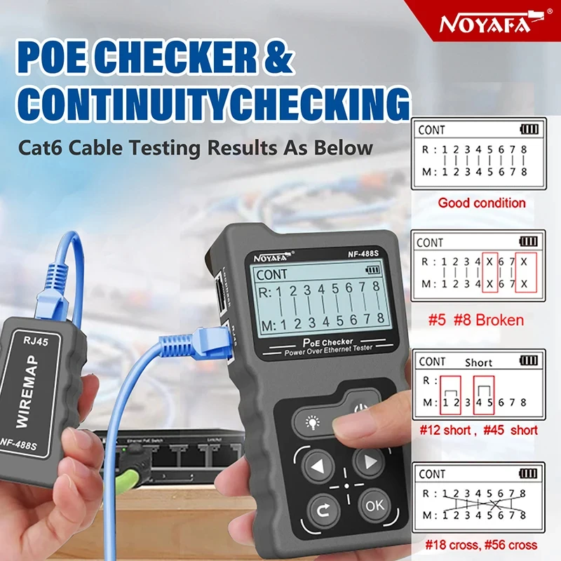 Noyafa-Power Test Network Cable Tracker, Verificador de tensão, pela Ethernet, Cat5, Cat6, Ferramentas Lan Tester on-line, Switch, NF-488, PoE