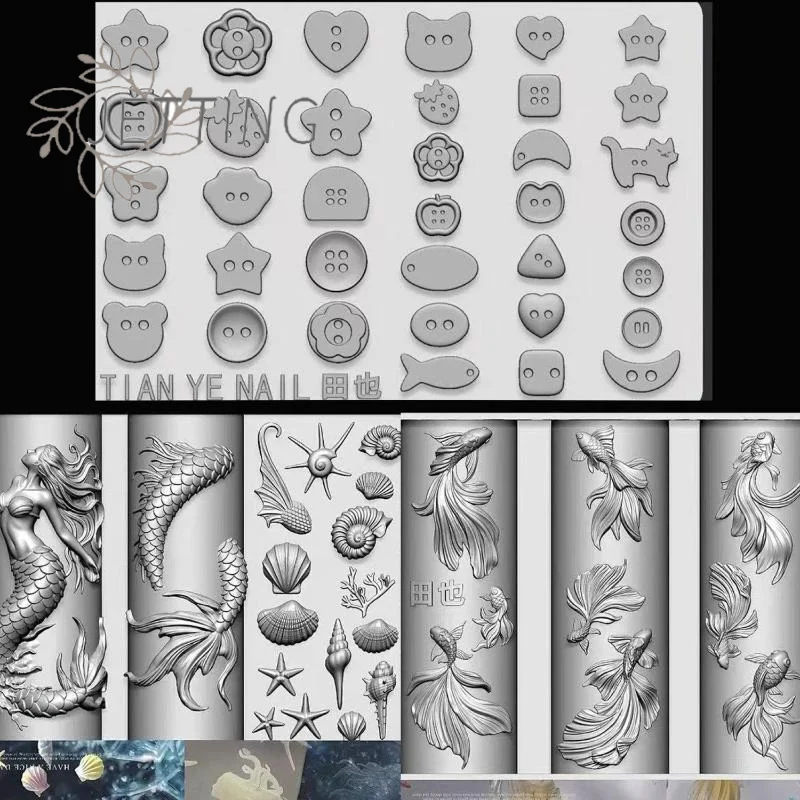 Hot 3D Soft Resin Nail Ocean Mermaid Templates Art Mold Goldfish Koi Buttons Carves Cartoon Template For Nail DIY Accessories