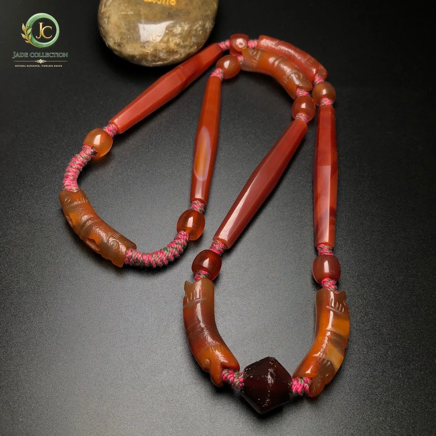Tibetan Buddhism Agate Long tube&Double Dragon Dzi Bead Amulet Necklace G3642