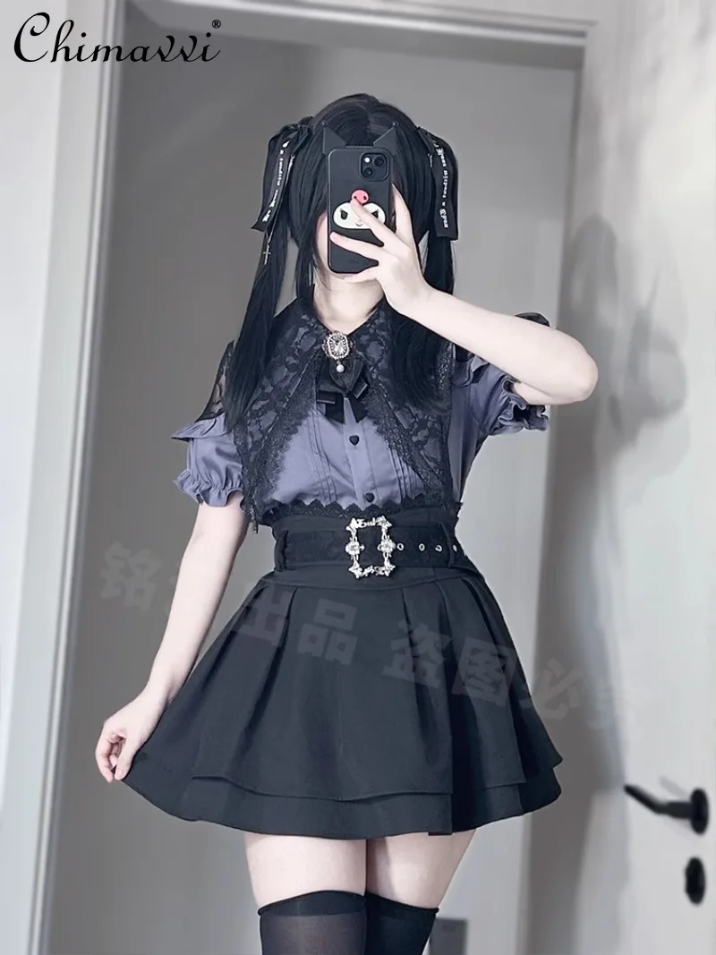 

Japanese Mine Series Mass-produced Purple Organ Pleated Short-sleeved Shirt Strap Skirt Set Summer New Sweet Girl Lolita Sets