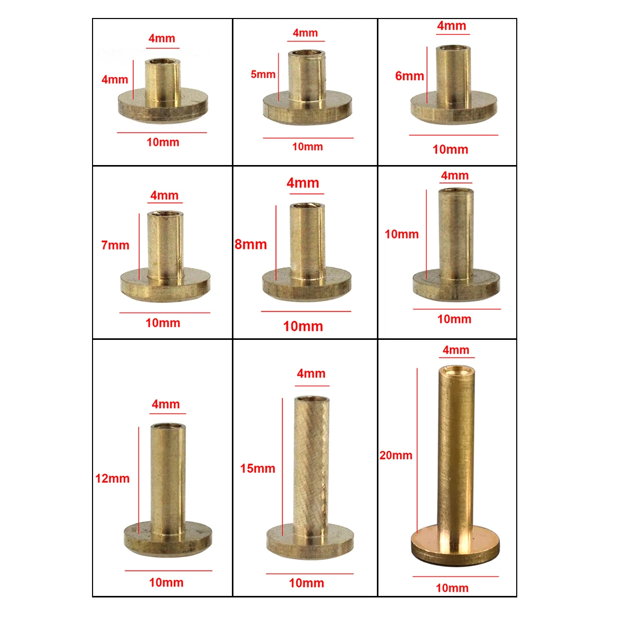 10pcs Solid Brass Binding Chicago Screws Nail Stud Rivets for Photo Album Leather Craft Studs Belt Wallet Fasteners 10mm Cap