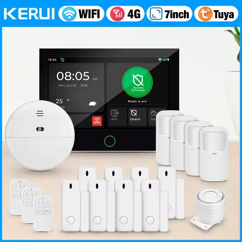 

KERUI 7-inch IPS Large Touch Screen Home Alarm Panel 4G LTE GSM WiFi Wireless Alarm Security System Burglar Tuya Smart Alexa