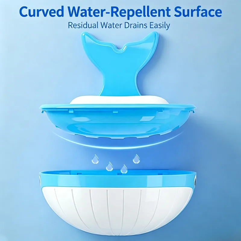 Whale Shaped Wall Mounted Soap Holder No‑drill Draining Soap Box with Pull‑out Tray for Bathroom Storage