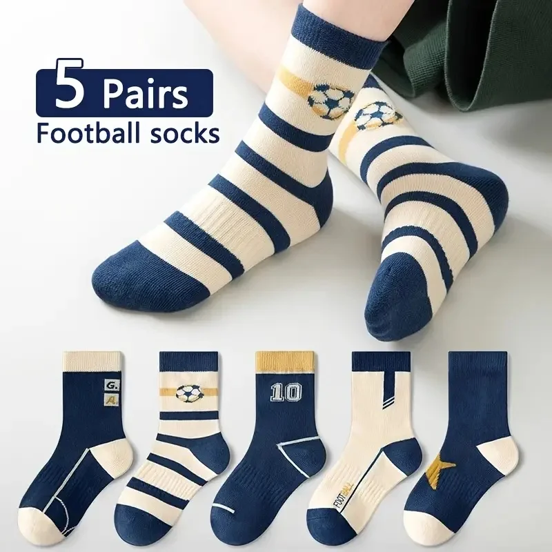 5 Paar Kindersocken für Jungen, Frühling und Herbst, gemütliche Socken mit Fußballmuster, Baumwollsocken für Kinder, Wadensocken für Kinder – Detail 1