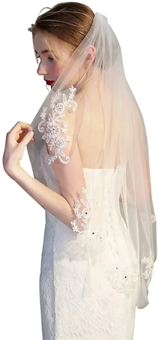 Voile de mariée perlé pour patients de mariage avec peigne, appliques en dentelle à 1 niveau