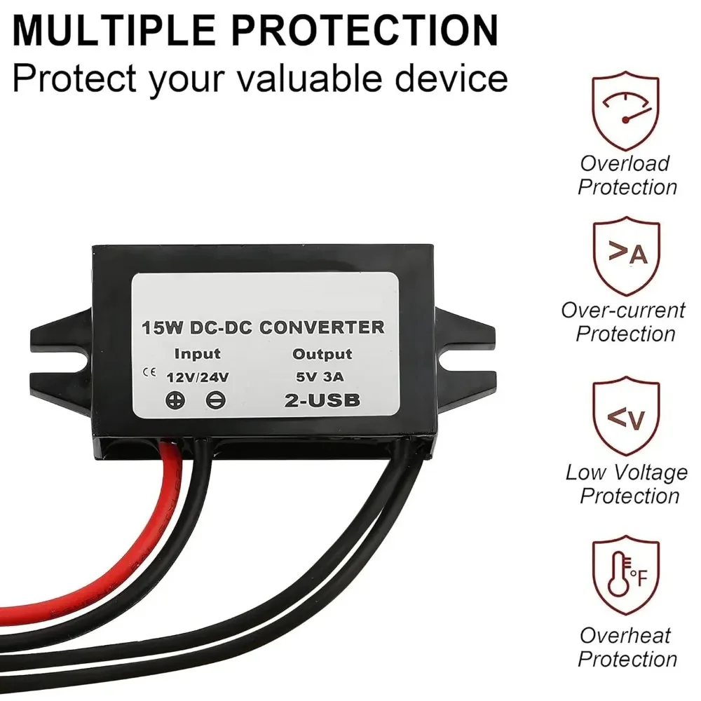 12V/24V to 5V 3A DC-DC Step Down Module Power Adapter Converter USB-A Female/open Wire/dual USB/Type C Connector Waterproof CE