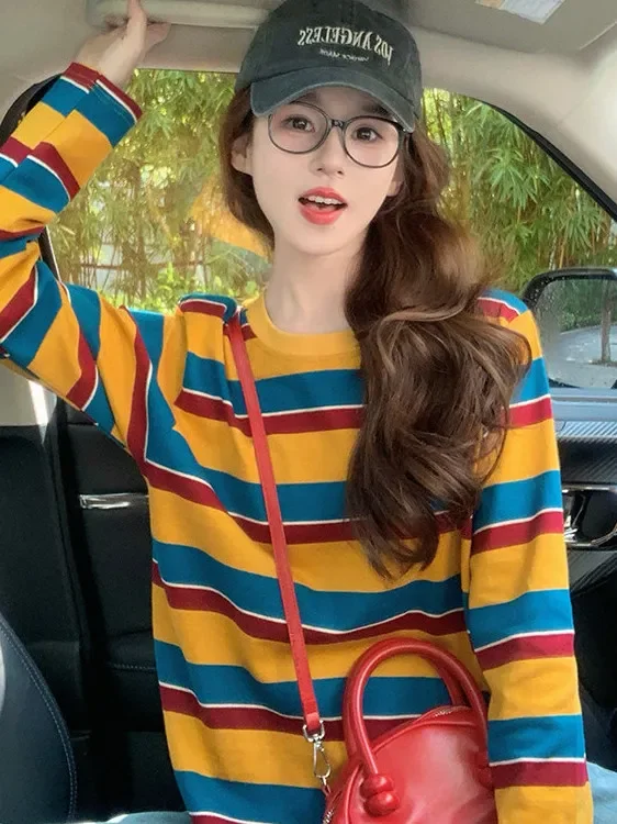 Women Color Block Striped Long Sleeve T Shirt Crew Neck Loose Casual Retro Yellow Blue Red Stripe Basic Tee Daily Streetwear image 5