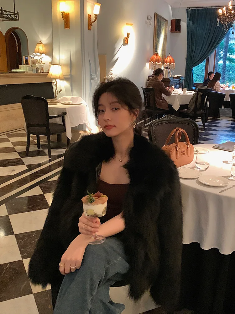 Women Faux Fox Fur Coats Solid Short Jackets Long Sleeves Turn Down Collar Open Stitch Loose Elegant Casual 2026 Autumn Winter