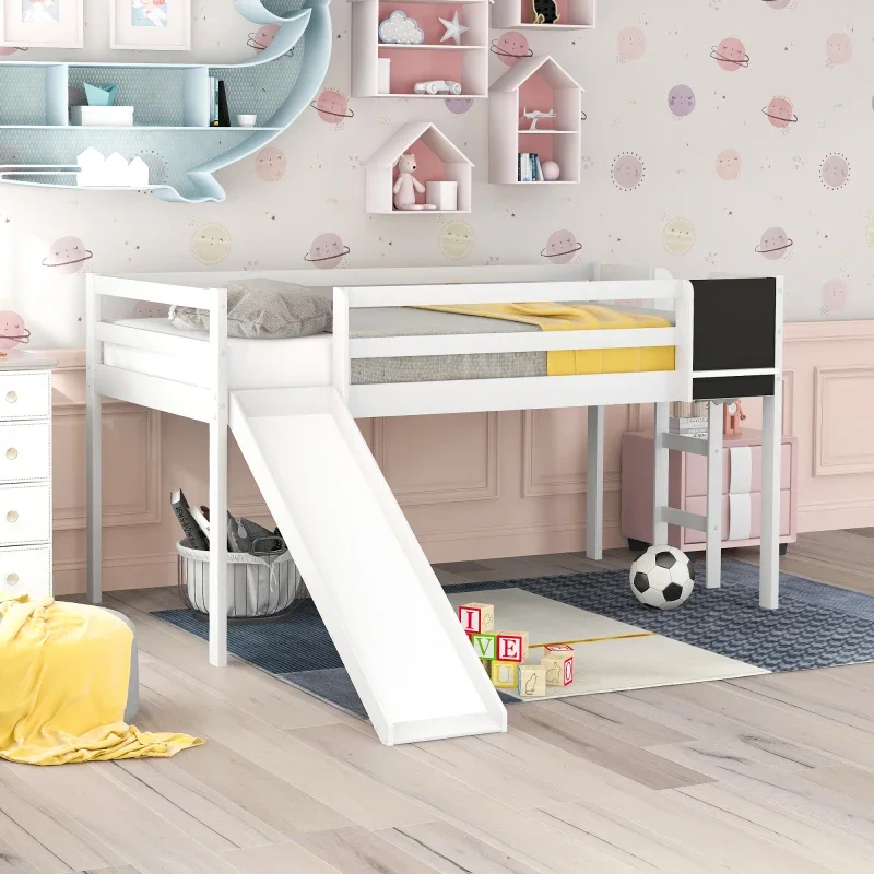 Cama Loft de madera con tobogán, escalera y pizarra, tamaño doble, blanco