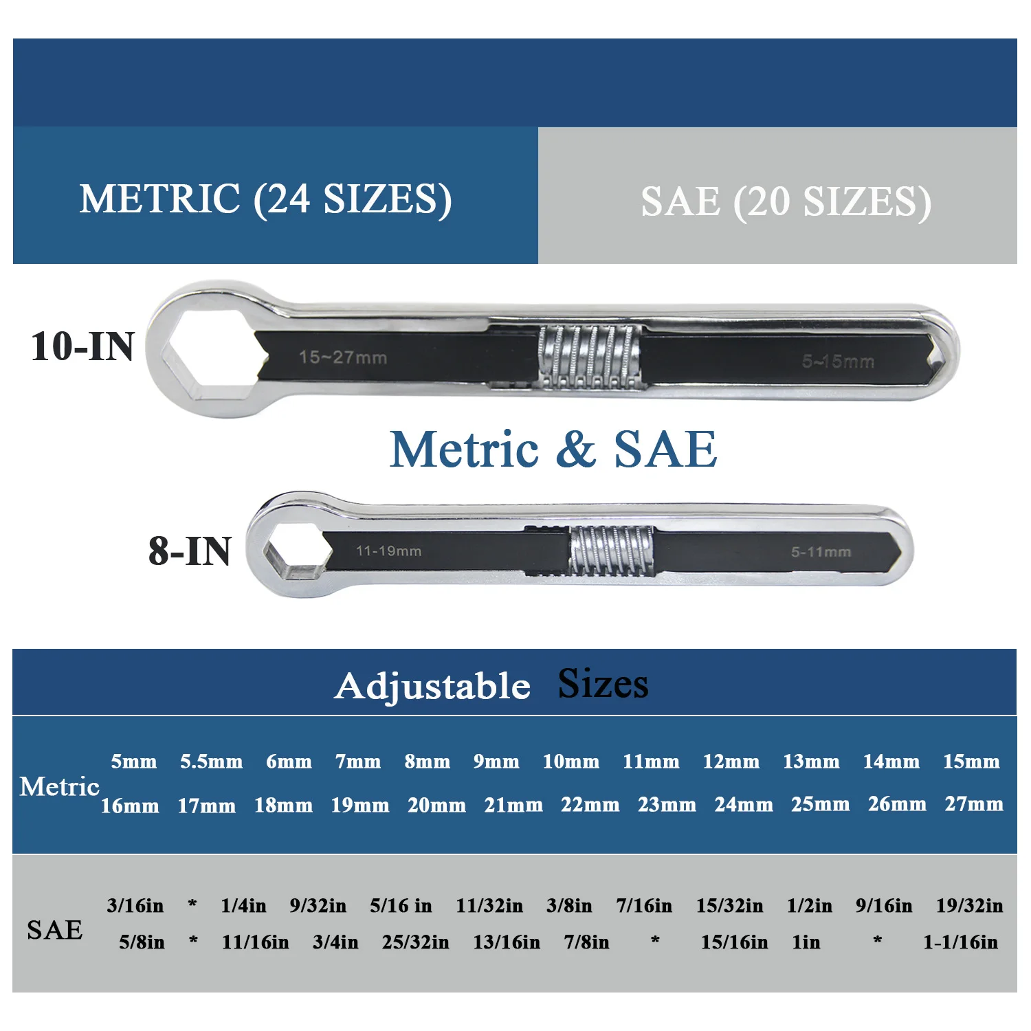 GOSWIFT 2Pcs Wrench 7 Inch & 9.5 Inch Universal Wrench Set Adjustable Double Head Spanner Multi-function Auto Repair Tools