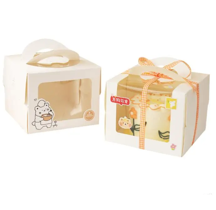 

100Pcs 4 Inch Cartoon Window White Cake Box With Handle Kraft Paper Cheese Cake Box Kids Birthday Wedding Home Party Supply ni33