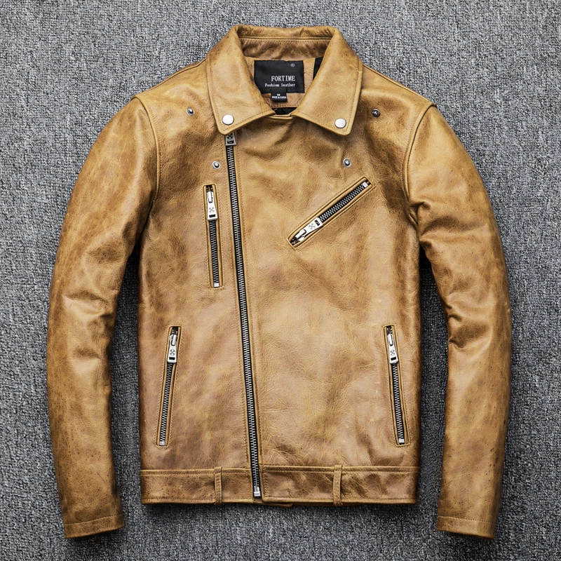 سترة كلاسيكية كلاسيكية من جلد البقر من الطبقة الأولى للرجال سترة جلدية بقصة ضيقة وقصيرة الطول سترة دراجة نارية شديدة التحمل