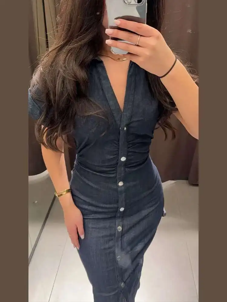 فستان ماكسي نسائي عتيق من قماش الدنيم موضة واحدة الصدر وأكمام قصيرة نحيفة طويلة فيستدوس جديد أنيق للسيدات أردية الشارع PA9Q