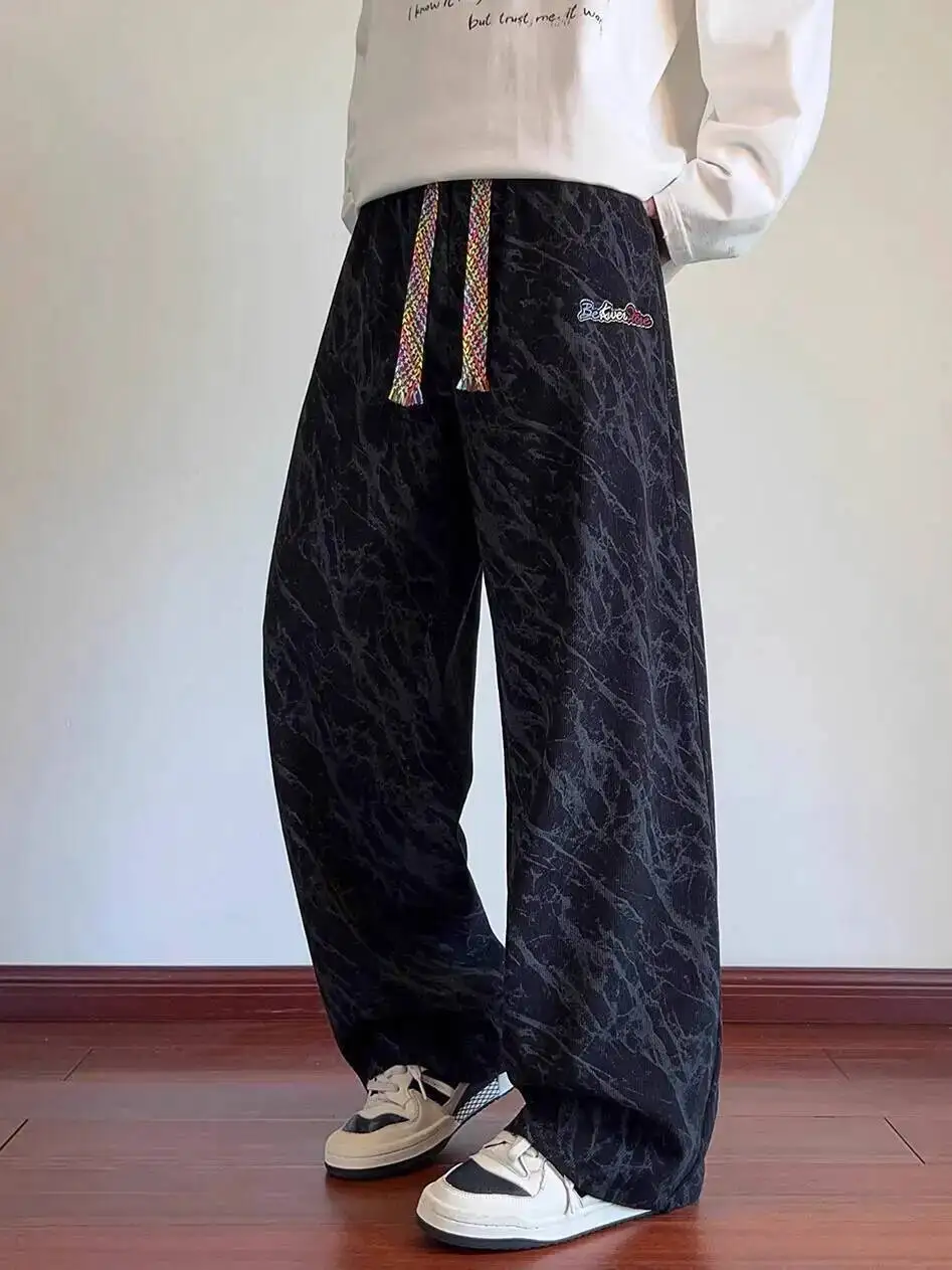 

Black Tie Dye Embroidered Casual Pants For Men 2025 Autumn Casual Loose Straight Leg Trousers High Waist Pantts
