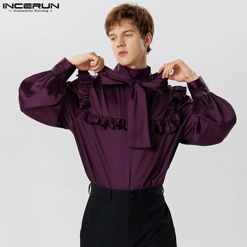 INCERUN Men Shirt Solid Satin Turtleneck Long Sleeve Ruffle Lace Up Casual Men Clothing Streetwear 2023 Fashion Unisex Shirts