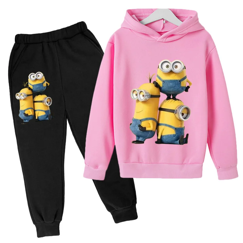 Kids Spring and Autumn Hoodie Set for Boys and Girls Aged 2-12, Casual Outdoor Sports Top+Pants Printed Cartoon Minions