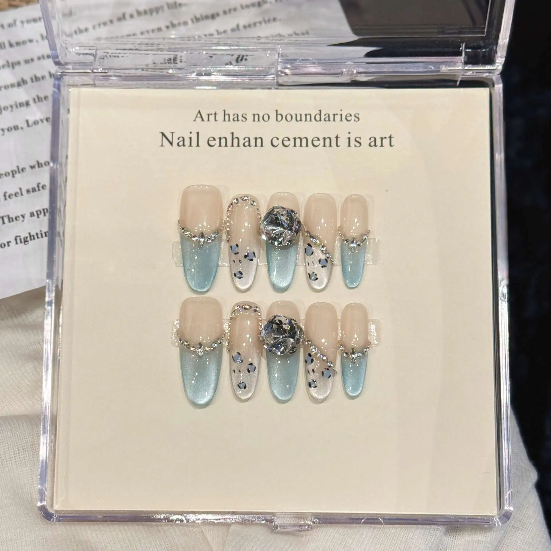 

10 PCS Luxury Handmade Press on Nails Long Oval Dream Blue cat's eye Design with 3-PIECE Tool Adhesive Nail Glue Tabs