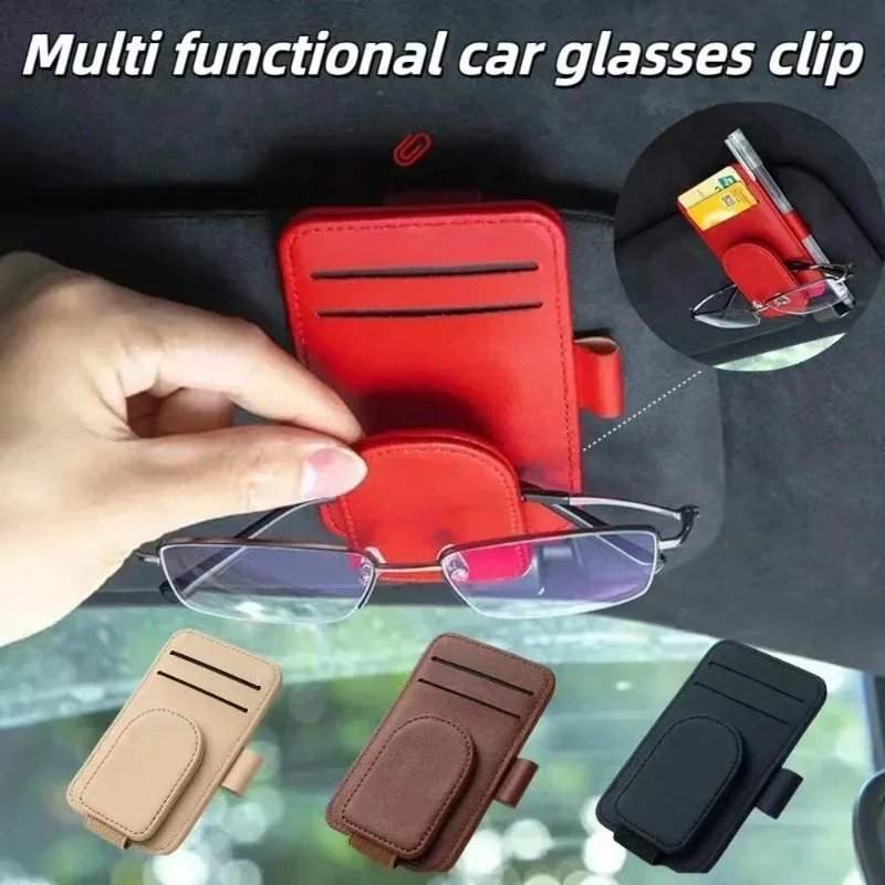 Multifunctional Pu Leather Car Sun Visor Glasses Holder Creative Sunshade Sunglasses Storage Case Magnetic Clip Pen Card Holder