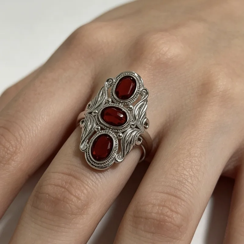 New fashion retro bohemian red zircon ring women's catwalk with holiday gift jewelry