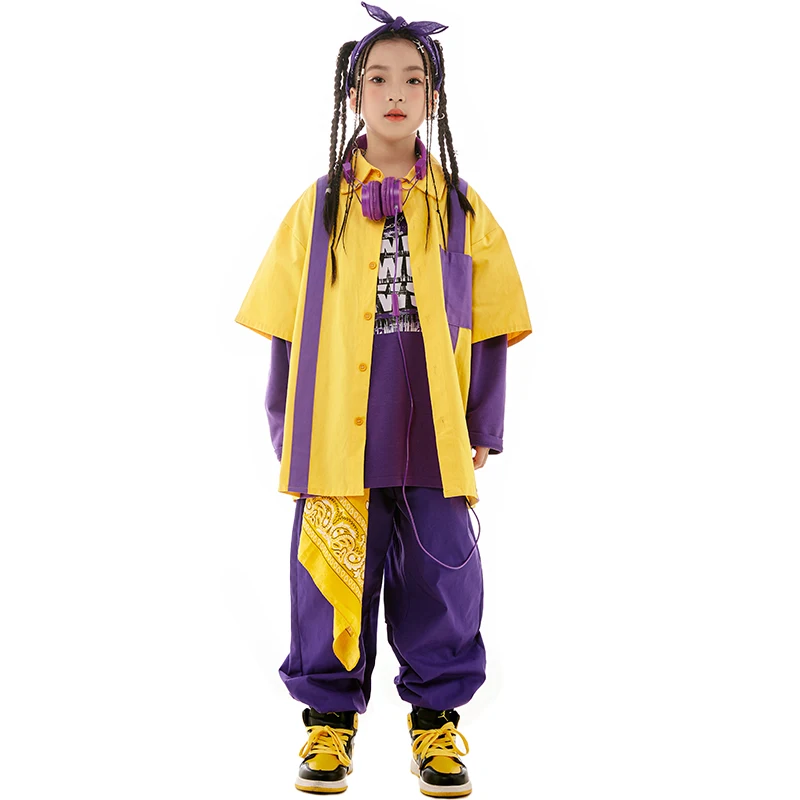 Street Hip Hop Clothes Kids Loose Yellow coat Purple Pants Girls Jazz Dance Costume Boys Drum Hiphop Performance Clothing L11575