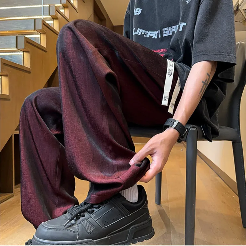 Summer Ice Silk Casual pants men Straight Pants Plus Size Men's Thin trousers Men Loose Comfortable Wide Leg Pants Wine Red