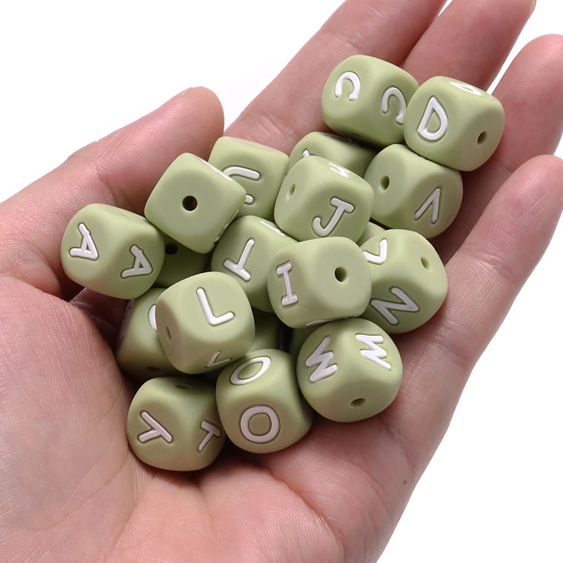 10Pcs 12mm Sage Silicone Alphabet Letter Beads 26 English Letter Baby Name Beads Teething Pacifier Chain Silicone Baby Teether