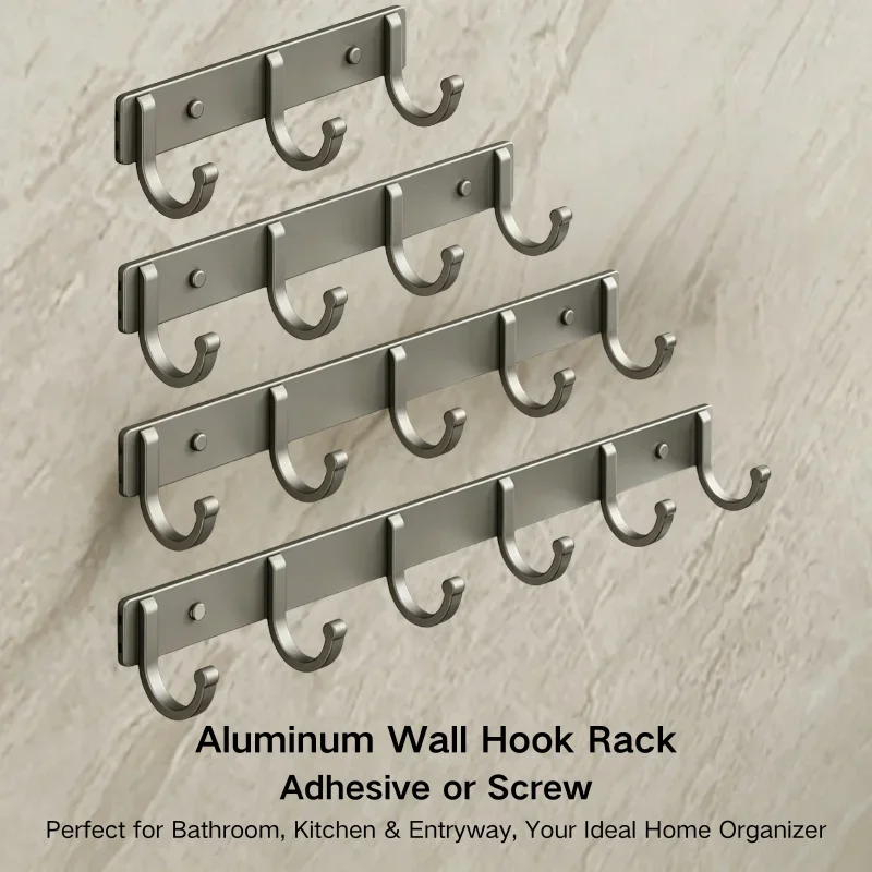 Aluminum Wall Hook Rack – No-Drill Adhesive/Screw Mount, Gray, 3-6 Hooks, Heavy Duty Organizer for Bathroom, Kitchen, Entryway