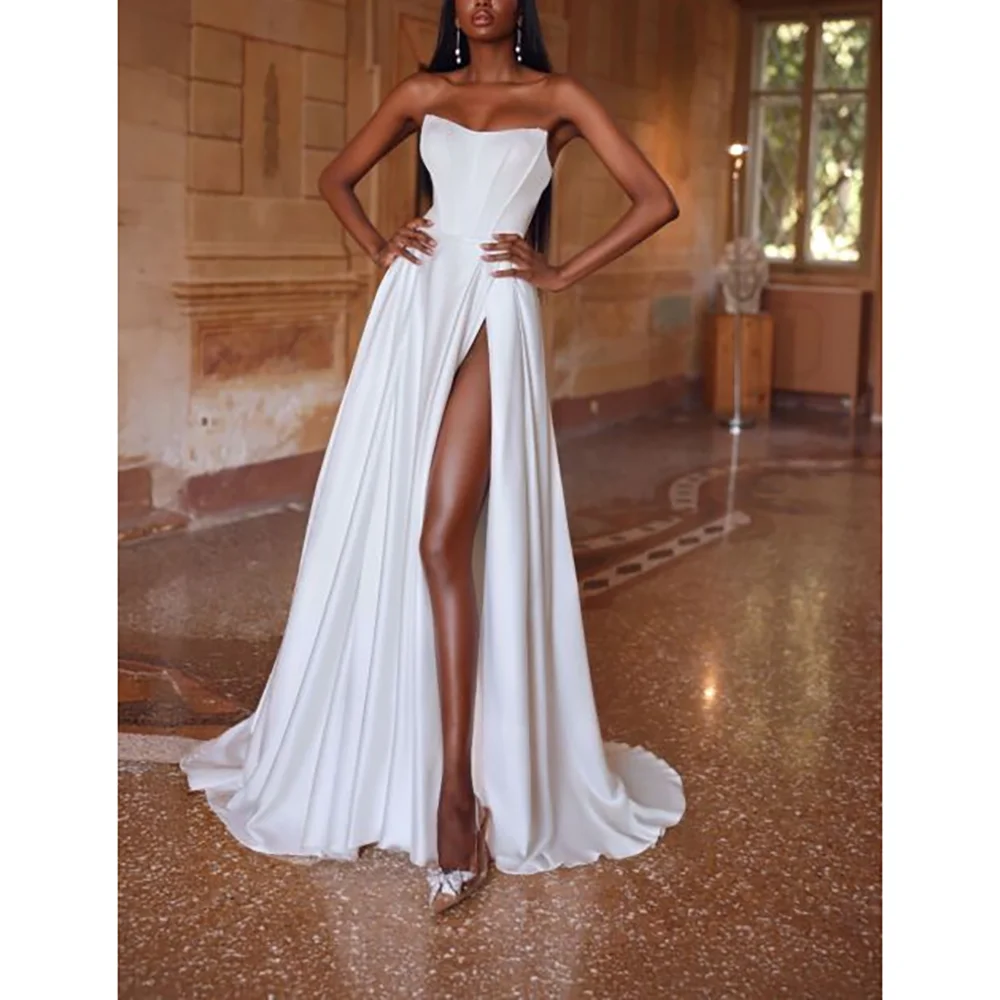 

Elegant Strapless High Side Slit Prom Gowns A-Line Floor Length Evening Party Dresses Simple Draped Dresses For Women