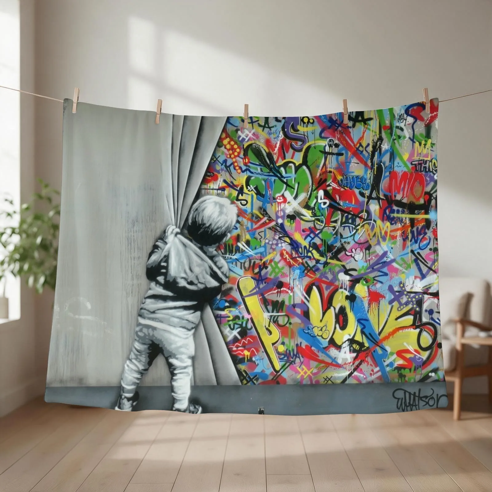 Behind the Curtain - Martin Whatson (Wynwood Walls Edition) Miami Throw Blanket Furrys Fashion Sofas Hairy Sofas Blankets