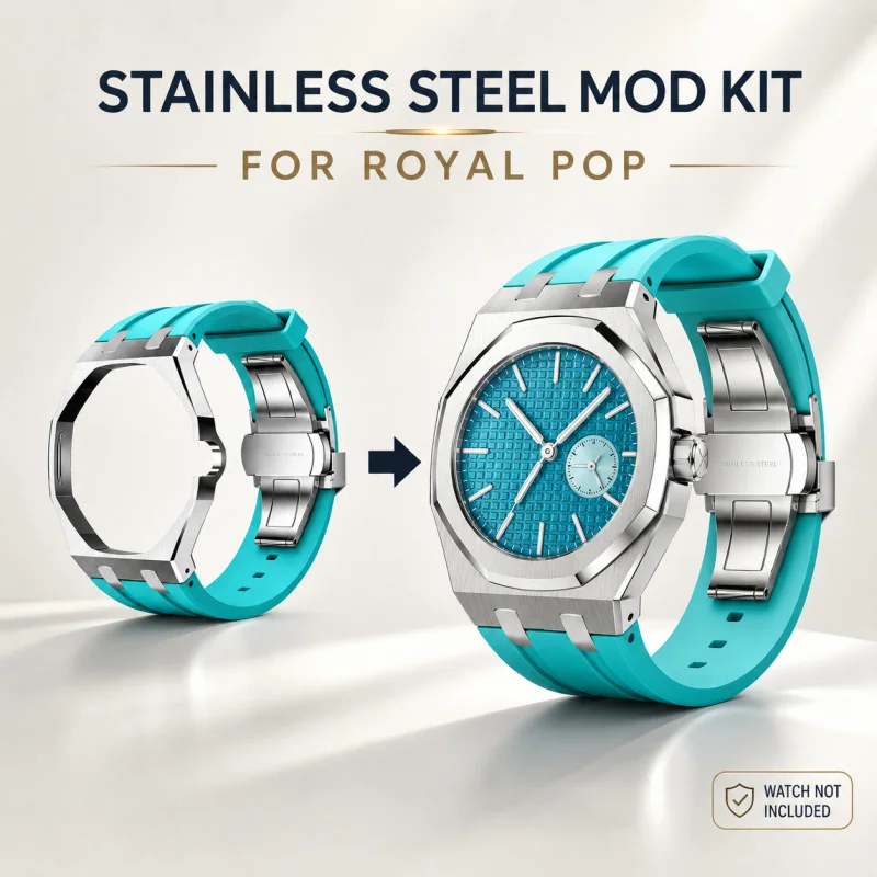 Luxury Stainless Steel Mod Kit for Swatch x AP Royal Pop Pocket Watch to Wristwatch Metal Case Silicone Replacement Strap