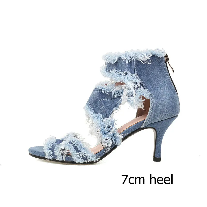 Brushed Denim Jeans Fabric Blue Womans Summer Shoes Open Toe 9.5 7cm Spike High Heel Gladiators Plus Size 44 45 46 Sandals Women