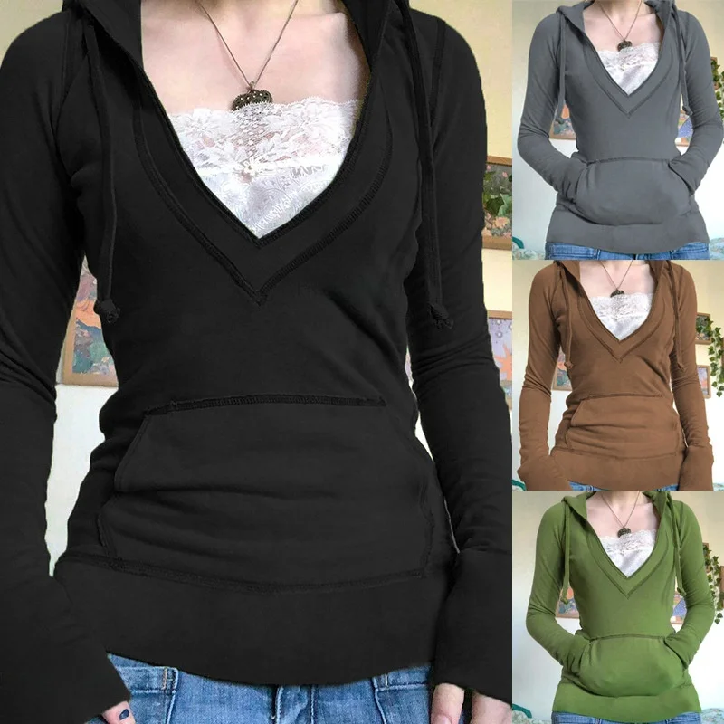 

Women's Slim Fit Lace Deep V-Ne Hoodie T-irt Casual Sle Long Sve Cotton Polyester Blend Autumn Spring Top irt
