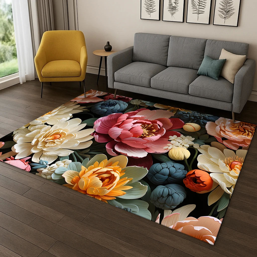 

Exquisite Daisy & Sunflower Floral Area Rug, Non-Slip Floor Mat for Living Room & Bedroom, Kids Play Garden Carpet – Decor